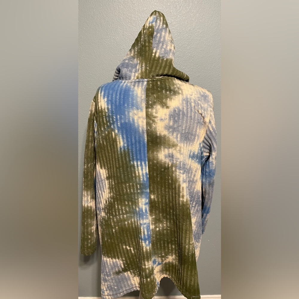 LOGO Lori Goldstein Hooded Open Cardigan Tie Dye Ribbed Blue Green Cozycore XL - Picture 4 of 10